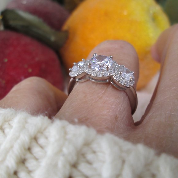 Brilliant Cut Simulated Diamond 3 Stone Sterling Ring>Halo set,CZ Wedding Band - Picture 3 of 5